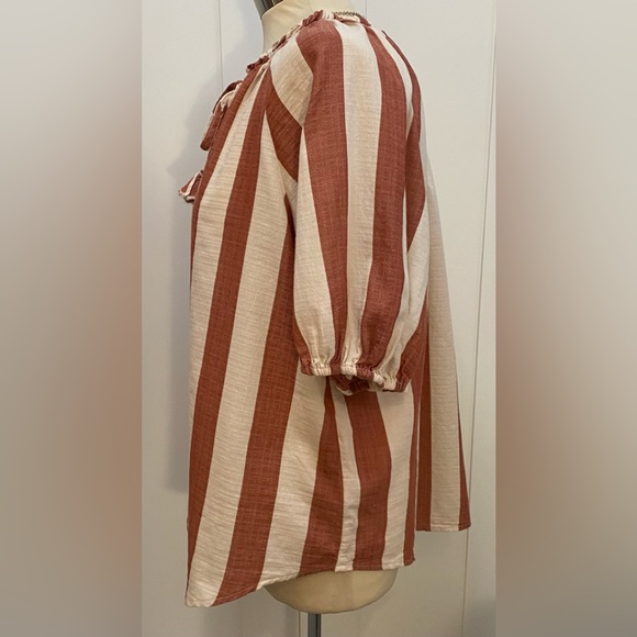 NEW! Sz MED Stripe Brown & Cream Tassel Tie Front Mid Sleeved Top Knox Rose - Picture 3 of 6